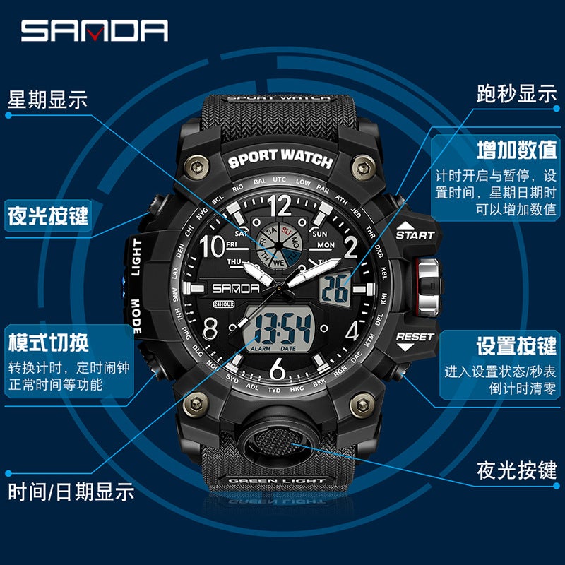 Sanda Fashionable And Cool Watch Men'S Outdoor Swimming Sports Waterproof Watch Junior High School Students Multi-Functional Dual Display Electronic Watch - Image 3